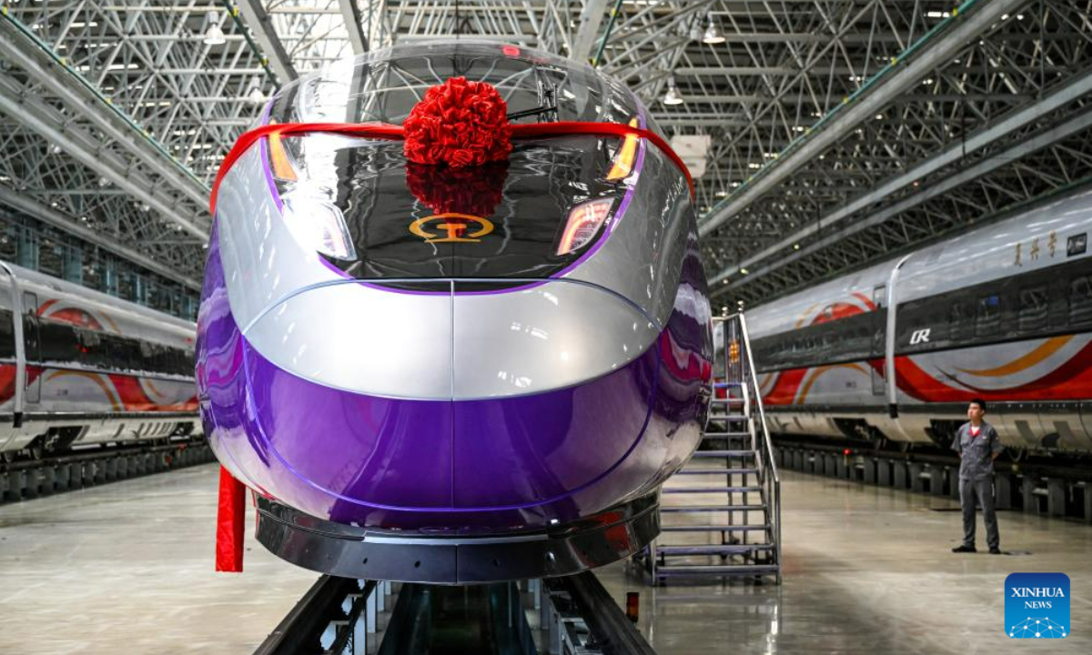 This photo taken on July 21, 2023 shows the exterior view of the Fuxing bullet train specially designed for the Hangzhou Asian Games in Changchun, northeast China's Jilin Province. The train rolled off in Changchun on Friday. Photo:Xinhua