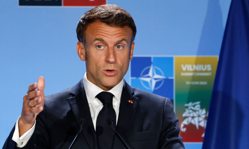 France's President Emmanuel Macron gives a press conference during the NATO Summit in Vilnius on July 12, 2023. Photo: VCG