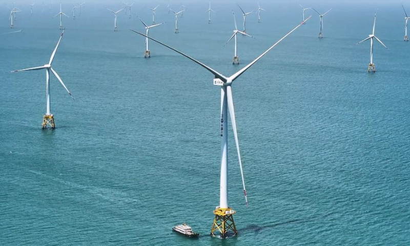The world's first offshore wind turbine with power generation capacity of 16 megawatts operates in East China's Fujian offshore wind turbine field on July 19, 2023. Photo: Xinhua