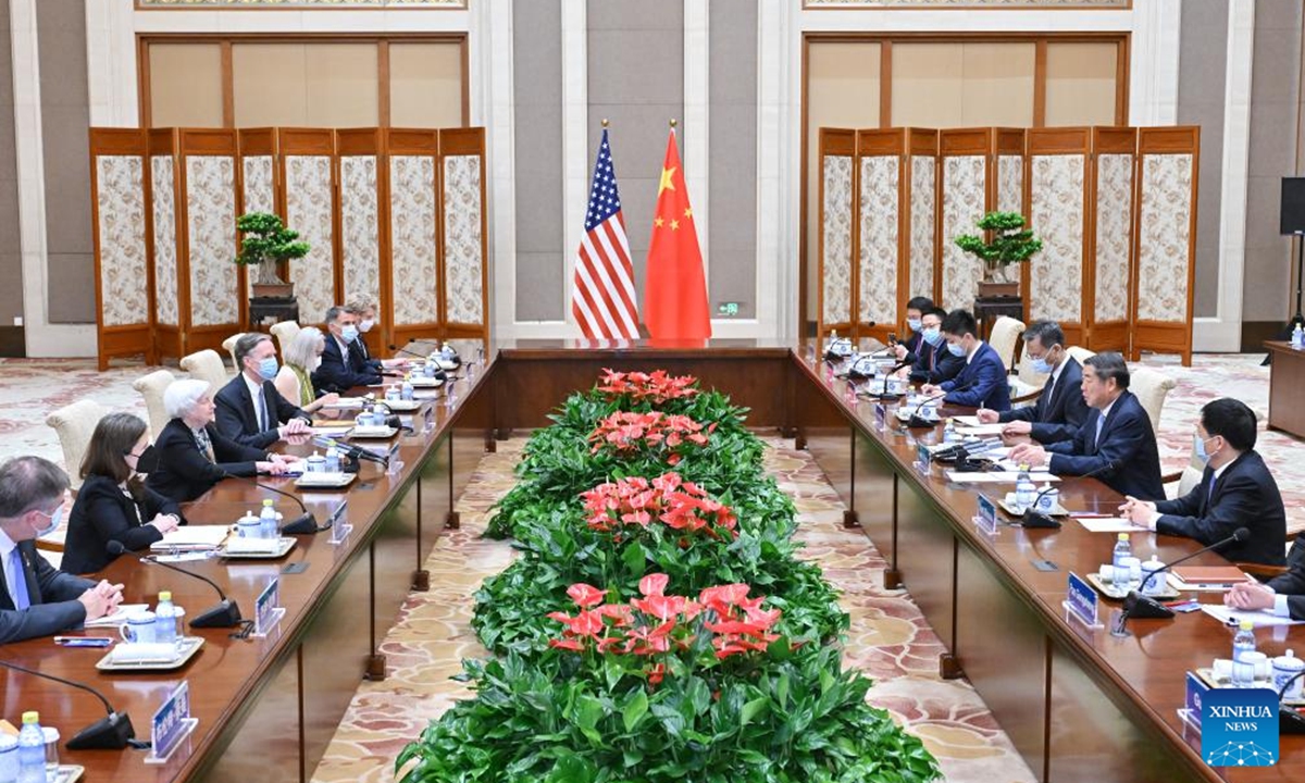 Chinese Vice Premier He Lifeng meets with U.S. Treasury Secretary Janet Yellen in Beijing, capital of China, July 8, 2023. (Xinhua/Yue Yuewei)