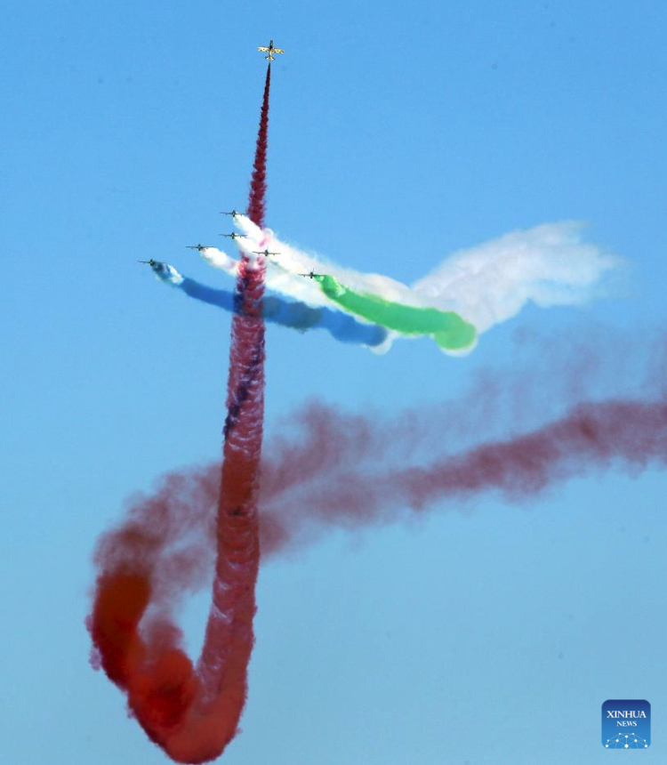 Aircrafts perform aerobatics during the El-Alamein Air Show 2023 in the New Alamein City, Egypt, July 23, 2023. Aircrafts from Egypt and the United Arab Emirates (UAE) on Sunday jointly staged the El-Alamein Air Show 2023 at the Mediterranean coastal city of New Alamein. (Xinhua/Ahmed Gomaa)