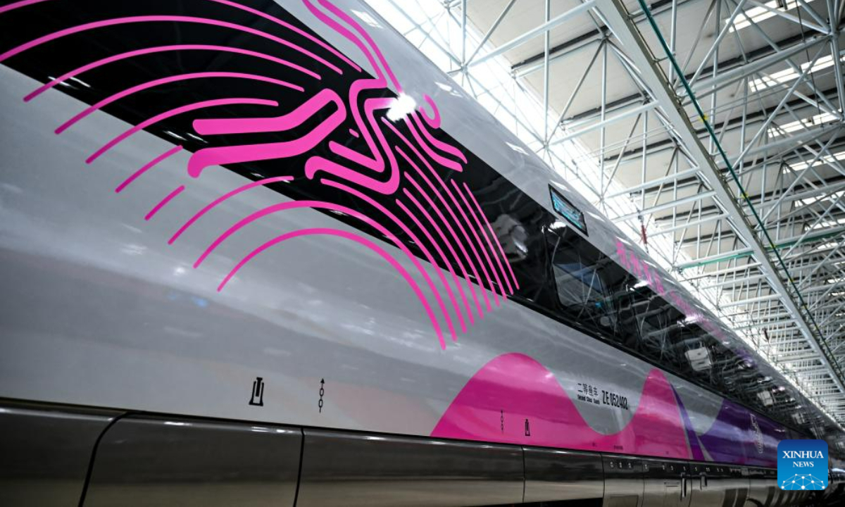 This photo taken on July 21, 2023 shows the exterior view of the Fuxing bullet train specially designed for the Hangzhou Asian Games in Changchun, northeast China's Jilin Province. The train rolled off in Changchun on Friday. Photo:Xinhua