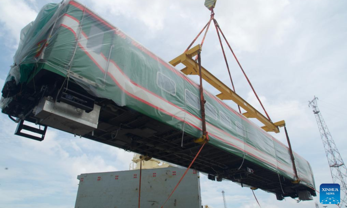 This photo taken on July 11, 2023 shows a broad-gauge carriage imported from China unloaded in Chittagong city, Bangladesh. With the last 20 broad-gauge carriages imported from China successfully arriving and unloaded in Chittagong city on Tuesday, 100 broad-gauge carriages for the Padma Bridge Rail Link Project have now reached Bangladesh, marking the successful delivery of the first single project of this largest railway project in the South Asian country. Photo:Xinhua