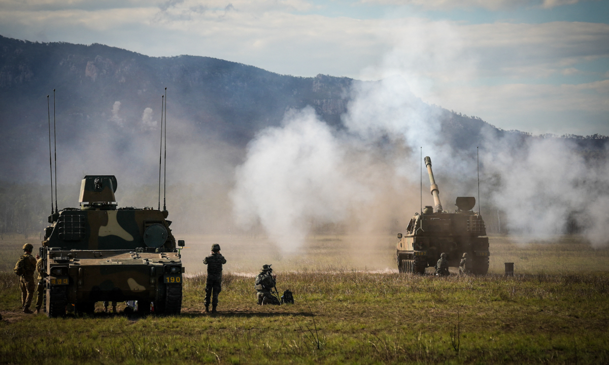 Artillery is fired during joint military drills at a firing range in northern Australia as part of Exercise Talisman Sabre, the largest combined training activity between Australia and the US, in Shoalwater Bay, Australia, on July 22, 2023. Photo:AFP