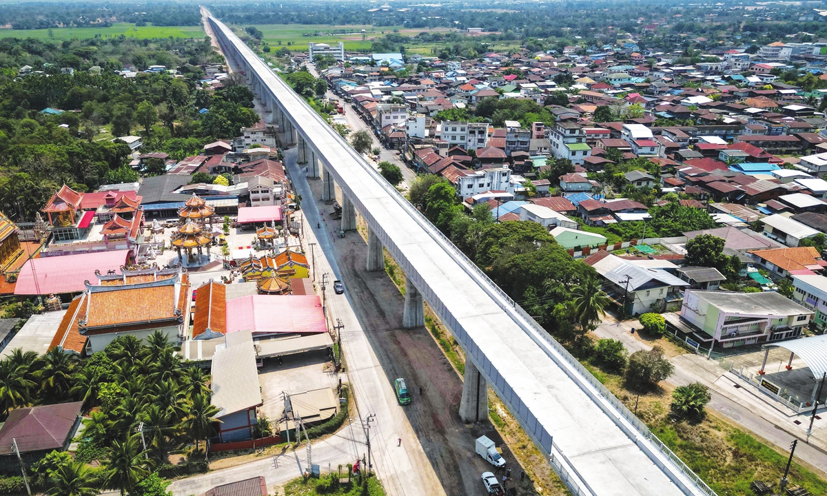 An elevated track, under construction as part of the Thai-Chinese Bangkok-Nong Khai high-speed railway project, in Nakhon Ratchasima province on March 29, 2023 Photo: VCG