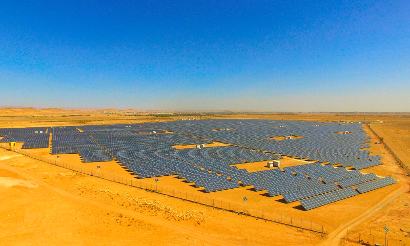 A view of a unit of a photovoltaic (PV) power station in the Algerian South region, in the Sahara Desert hinterland. Photo: Courtesy of Power Construction Corp of China