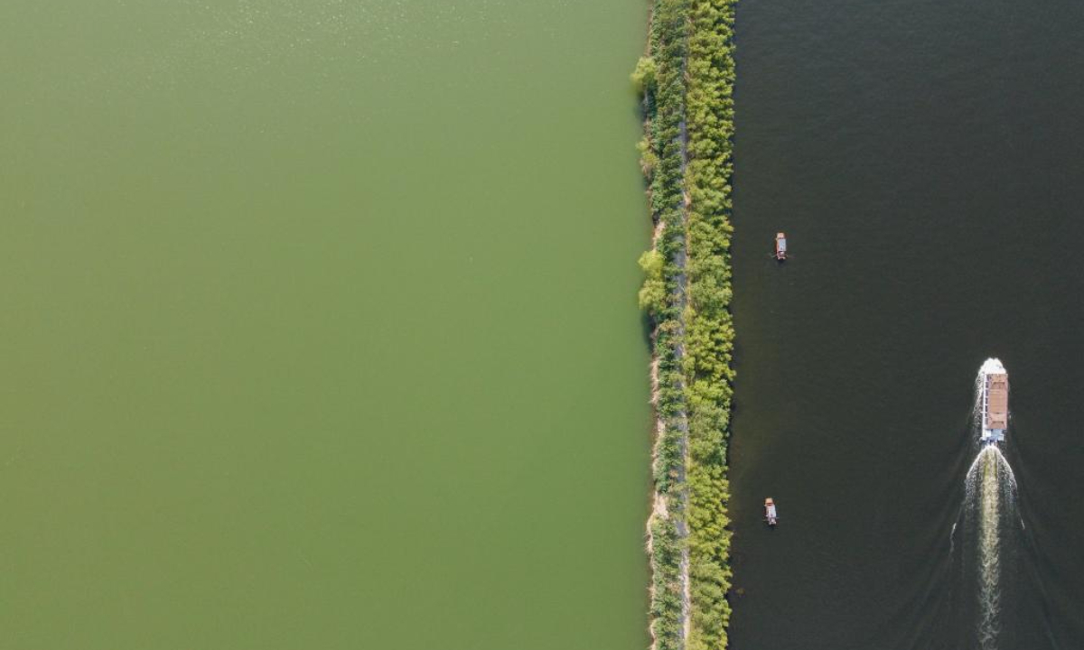 This aerial photo taken on July 19, 2023 shows tourists visiting Baiyangdian Lake by boat in Xiong'an New Area, north China's Hebei Province. Photo:Xinhua