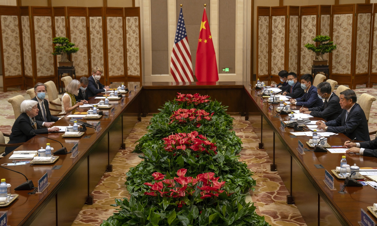 Chinese Vice Premier He Lifeng meets with US Treasury Secretary Janet Yellen in Beijing, on July 8, 2023. Pan Gongsheng, Party chief of the People's Bank of China, and Liu Kun, Chinese Minister of Finance also met Yellen during her trip. Photo: AFP