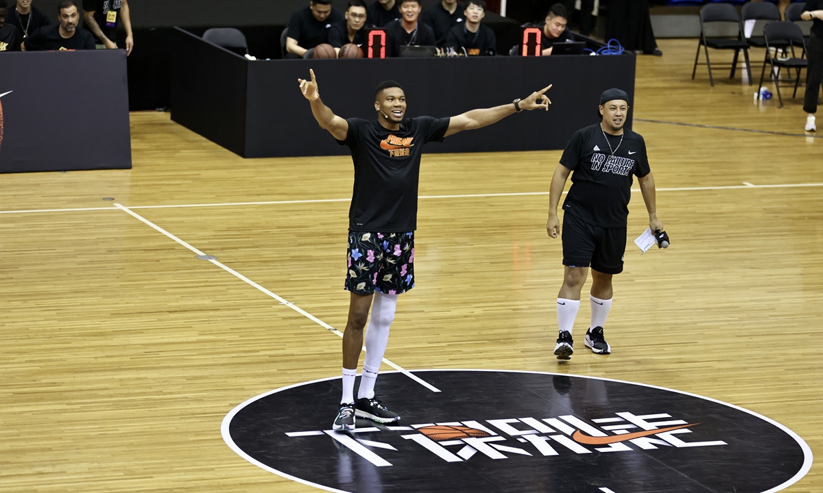 NBA star Giannis Antetokounmpo of Greece attends a promotional event in Beijing on July 9, 2023. Photo: Deng Xiaoci/GT