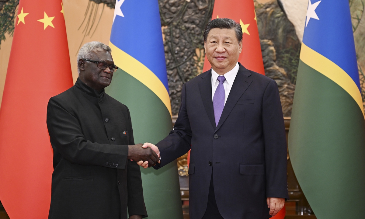 Chinese President Xi Jinping meets with visiting Prime Minister of the Solomon Islands Manasseh Sogavare at the Great Hall of the People in Beijing, capital of China, July 10, 2023. Photo: Xinhua