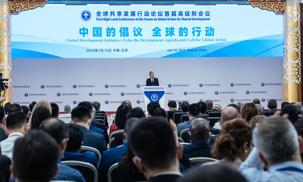 Wang Yi, director of the Office of the Foreign Affairs Commission of the Communist Party of China (CPC) Central Committee, makes a speech at the Forum on Global Action for Shared Development on July 10, 2023 in Beijng. Photo: Li Hao/GT