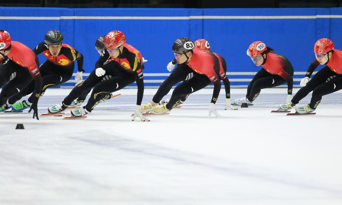 Chinese short track speed skaters  compete on the ice during a training session at the national team training camp in Beijing on July 11, 2023. Photo: Cui Meng/Global Times