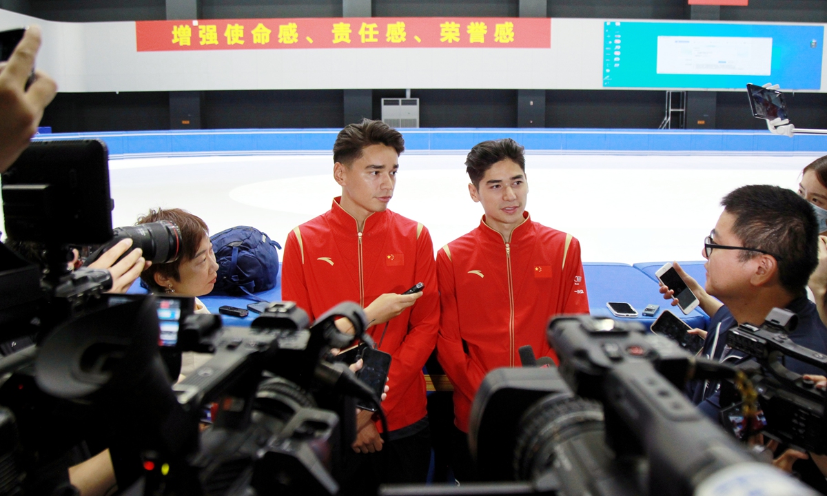 Chinese skaters Liu Shaolin (left) and Liu Shaoang are interviewed by the press in Beijing on July 11, 2023. Photo: Cui Meng/Global Times