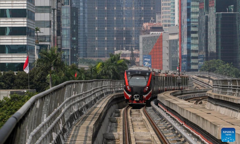 The Light Rail Transit (LRT) Jabodebek (Jakarta-Bogor-Depok-Bekasi) is seen during limited trial run in Jakarta, Indonesia, on July 12, 2023.(Photo: Xinhua)