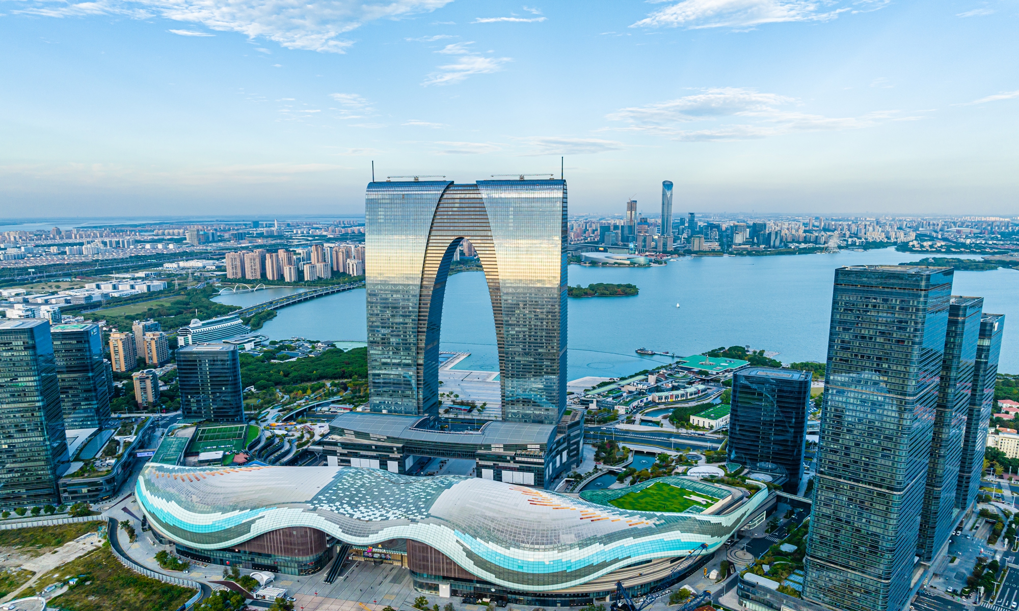 An aerial view of the Gate of the East, a landmark building at the Suzhou Industrial Park, on October 20, 2022. Photo: VCG