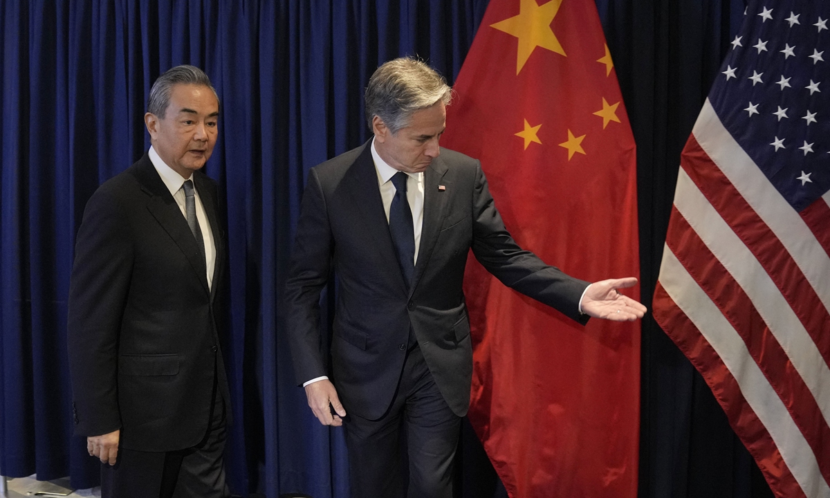 Wang Yi, Director of the Office of the Central Commission for Foreign Affairs of the Communist Party of China Central Committee, meets with US Secretary of State Antony Blinken on the sidelines of the ASEAN Foreign Ministers' Meeting in Jakarta on July 13, 2023. Photo: AFP 