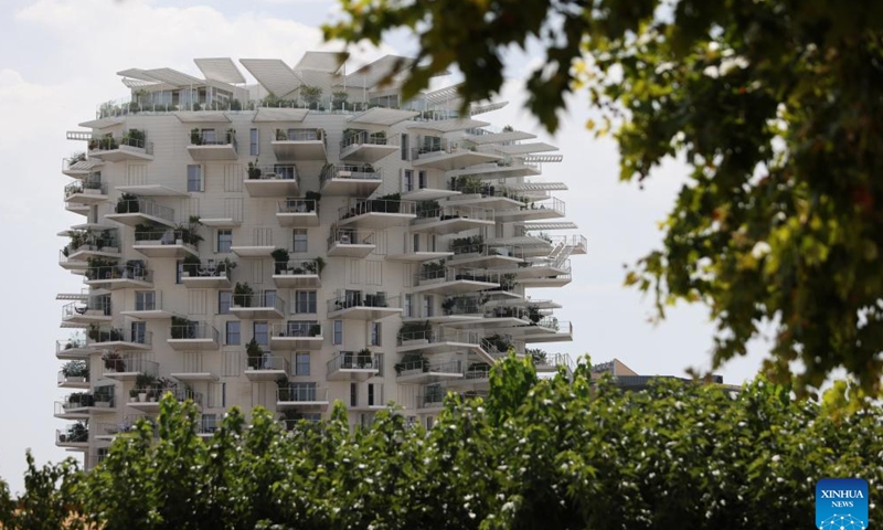 This photo taken on July 18, 2023 shows a residential building called Arbre Blanc (White Tree) at Place de l'Europe in Montpellier, France. (Xinhua/Gao Jing)