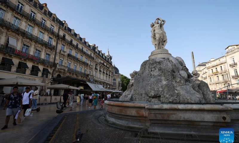This photo taken on July 17, 2023 shows the Fountain of the Three Graces at Place de la Comedie in Montpellier, France. (Xinhua/Gao Jing)