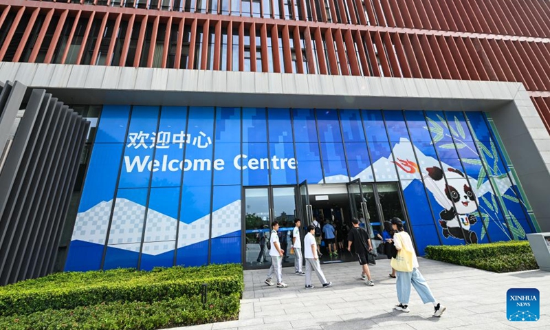 Photo taken on July 15, 2023 shows the Welcome Centre of the Universiade Village, Chengdu, southwest China's Sichuan Province. Photo: Xinhua