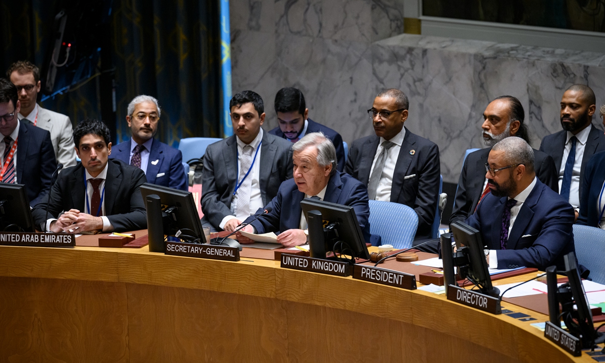 UN Secretary-General Antonio Guterres speaks at the Security Council's first-ever meeting on artificial intelligence (AI) at the UN headquarters in New York, on July 18, 2023. Guterres warned of AI risks, including interactions between AI and nuclear weapons. Photo: Xinhua