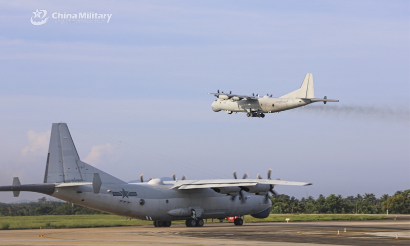 Anti-submarine patrol aircraft attached to a naval aviation regiment under the PLA Southern Theater Command takes off for a round-the-clock training exercise in early July, 2023. (eng.chinamil.com.cn/Photo by Qin Qianjiang)