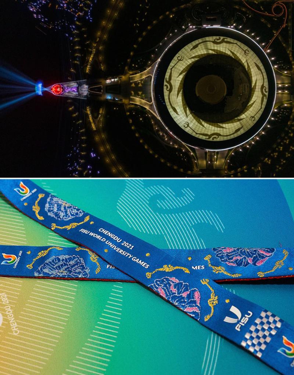 This combined photo shows the stadium for the opening ceremony of the 31st FISU Summer World University Games and cauldron at Dong'an Lake Sports Park in Chengdu, southwest China's Sichuan Province (top, taken on April 19, 2023 by Shen Bohan) and the Sun and Immortal Birds Gold Ornament on the medal band of the Games (bottom, taken on June 14, 2023, by Xu Yangyuheng) Photo: Xinhua