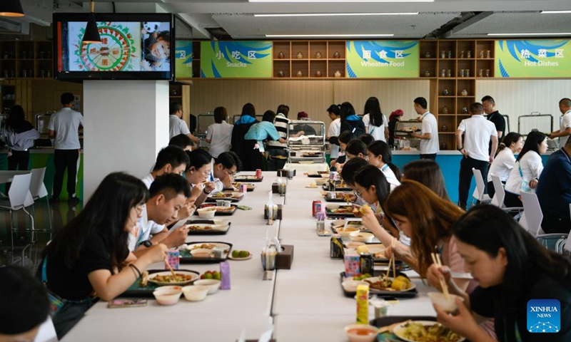 Photo taken on July 14, 2023, shows the dining area in the Main Media Center for Chengdu Universiade in Chengdu, capital of southwest China's Sichuan Province. The Main Media Center (MMC) for the 31st FISU Summer World University Games in Chengdu located near the Dong'an Lake Sports Park where the Games' opening ceremony will take place. The MMC includes the Main Press Center (MPC) and International Broadcasting Center (IBC) and will be fully operational as of July 25. (Xinhua/Xu Bingjie)