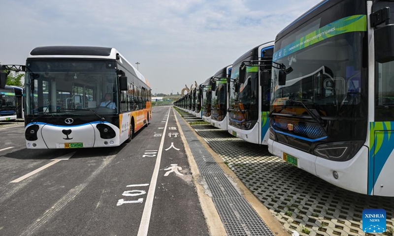 Photo taken on July 16, 2023 shows new engergy bus in the Universiade Village, Chengdu, southwest China's Sichuan Province. Photo: Xinhua