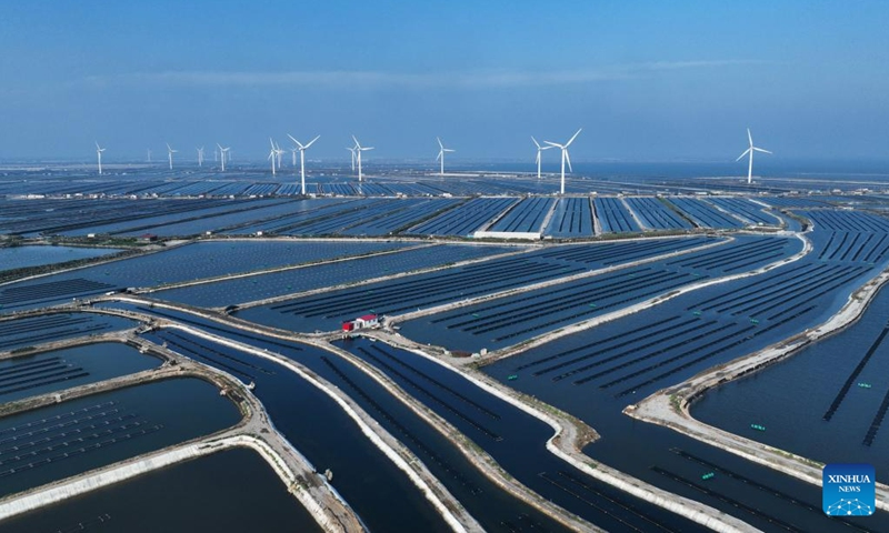 This aerial photo taken on July 17, 2023 shows the view of a marine farm in Jianggezhuang Township, Laoting County, north China's Hebei Province. Laoting County has been actively developing marine farming in an effort to enrich seafood supply while mitigating intensity of inshore fishing and maintaining ecological balance in the oceanic environment.(Photo: Xinhua)