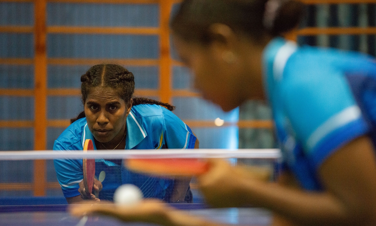 Solomon Islands table tennis players practice on July 16, 2023. Photo: Chen Tao/GT