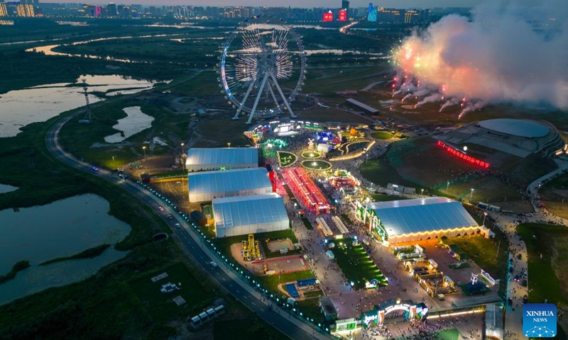 The aerial photo taken on July 20, 2023 shows a view of the 21th China Harbin International Beer Festival in Harbin, capital of northeast China's Heilongjiang Province. The 21th China Harbin International Beer Festival opened here on Thursday.(Photo: Xinhua)