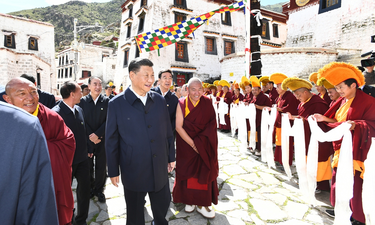 Xi Jinping, general secretary of the Communist Party of China Central Committee, Chinese president, and chairman of the Central Military Commission, visits the Drepung Monastery in Lhasa, Southwest China's Xizang Autonomous Region, on July 22, 2021. Photo: Xinhua