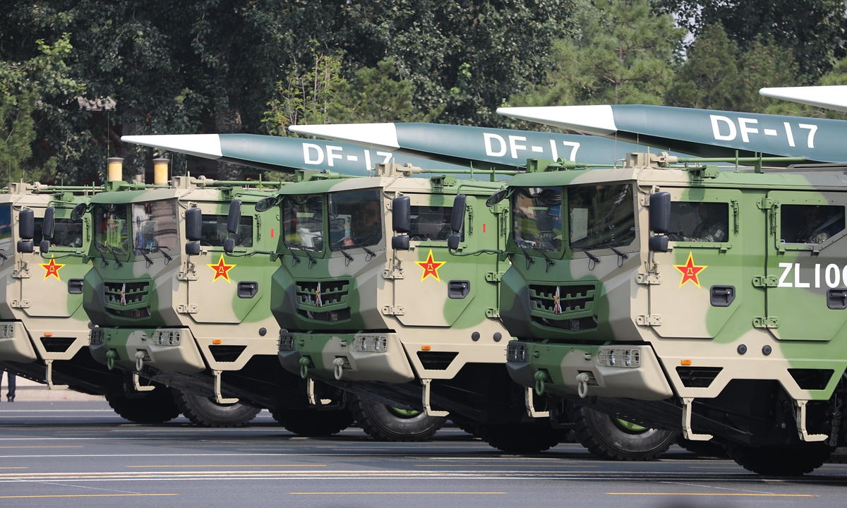DF-17 missiles are reviewed during the National Day military parade held in Beijing on October 1, 2019. Photo: VCG