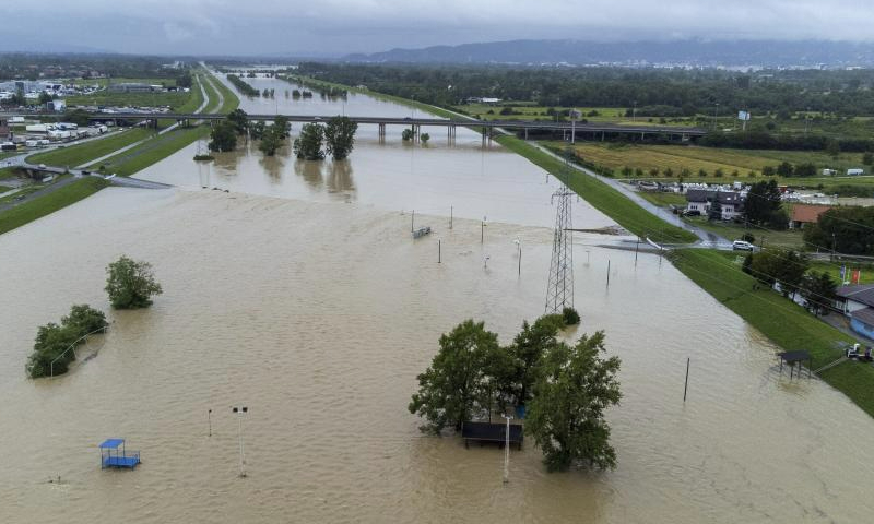 This aerial photo taken on Aug. 5, 2023 shows a view of floods caused by Sava River overflow at Javorje near Zagreb, Croatia. (Igor Soban/PIXSELL via Xinhua)