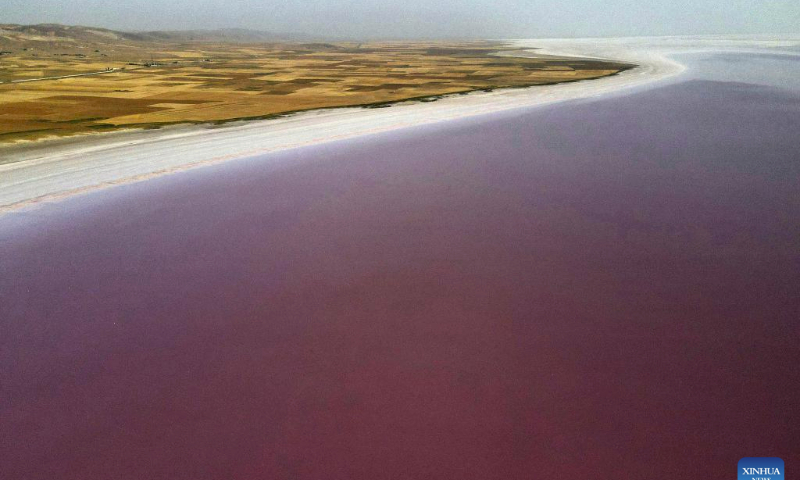 This aerial photo taken on July 27, 2023 shows a view of Tuz Golu in Türkiye. Tuz Golu featuring vibrant pink color is a salt lake in Türkiye. (Mustafa Kaya/Handout via Xinhua)