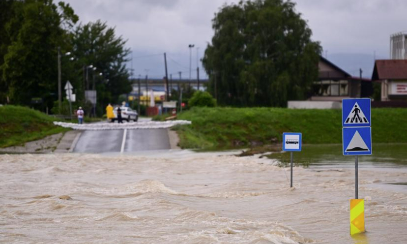 This photo taken on Aug. 5, 2023 shows a view of floods caused by Sava River overflow at Javorje near Zagreb, Croatia. (Igor Soban/PIXSELL via Xinhua)