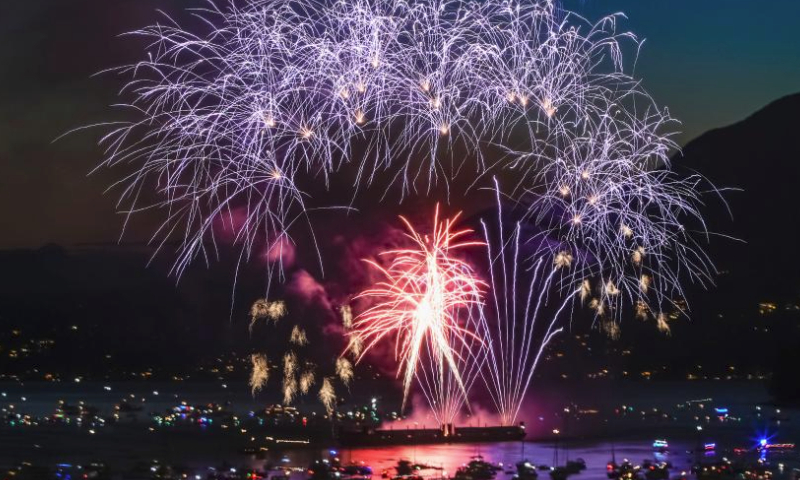 Fireworks presented by team Philippines light up the sky at English Bay in Vancouver, British Columbia, Canada, July 29, 2023. The fireworks show marked the final fireworks performance of the 31st Celebration of Light fireworks competition. (Photo by Liang Sen/Xinhua)