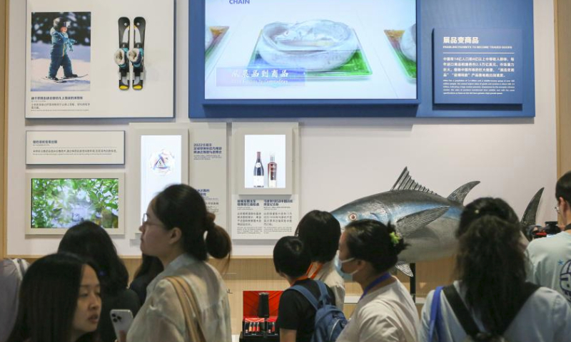 Journalists visit a cultural exhibition area of China International Import Expo (CIIE) at the National Exhibition and Convention Center (Shanghai) in east China's Shanghai, July 26, 2023.

The 6th CIIE is scheduled to be held in Shanghai from Nov. 5 to 10. It will resume offline Country Exhibition this year. (Xinhua/Xin Mengchen)