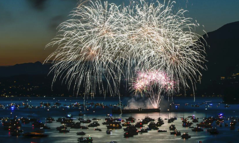 Fireworks presented by team Philippines light up the sky at English Bay in Vancouver, British Columbia, Canada, July 29, 2023. The fireworks show marked the final fireworks performance of the 31st Celebration of Light fireworks competition. (Photo by Liang Sen/Xinhua)