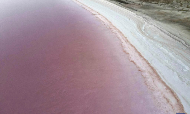 This aerial photo taken on July 27, 2023 shows a view of Tuz Golu in Türkiye. Tuz Golu featuring vibrant pink color is a salt lake in Türkiye. (Mustafa Kaya/Handout via Xinhua)