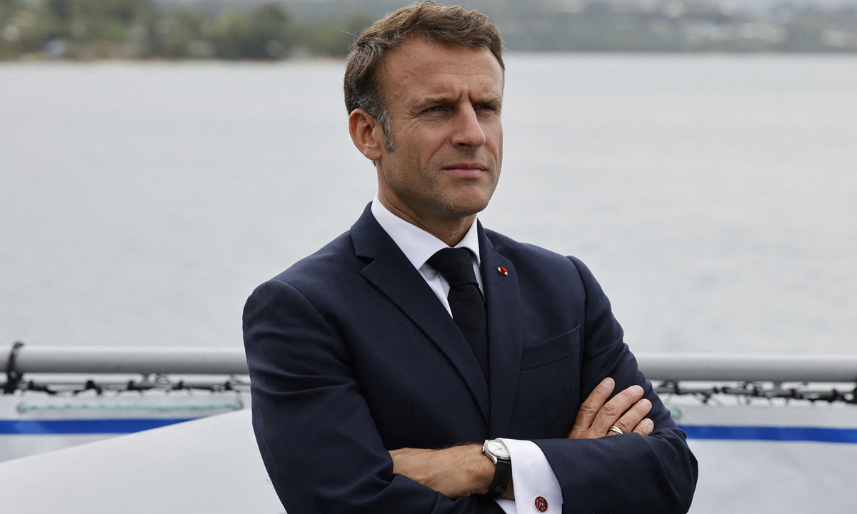 French President Emmanuel Macron visits a French navy patrol boat in Port Vila, Vanuatu, on July 27, 2023. Photo: AFP