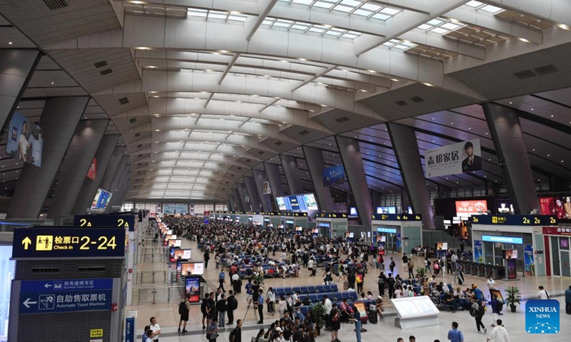 This photo taken on Aug. 1, 2023 shows the waiting hall of the Beijing South Railway Station in Beijing, capital of China. The Beijing-Tianjin Intercity Railway celebrated its 15th anniversary of opening Tuesday. As the first high-speed railway (HSR) with a design speed of 350 km per hour in China, the Beijing-Tianjin Intercity Railway carried a total of 340 million passengers since it entered operation.(Photo: Xinhua)