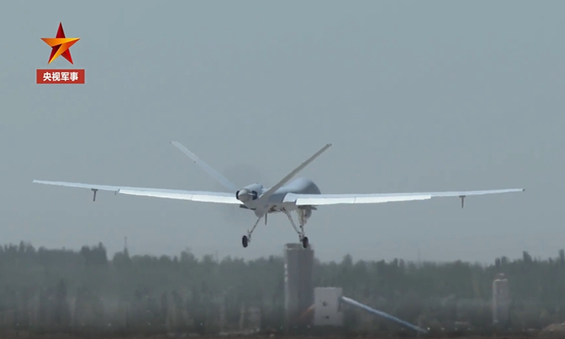 An armed reconnaissance drone attached to a Chinese People's Liberation Army (PLA) Air Force unit based in desert region in Northwest China takes off in a training exercise in 2022. Photo: Screenshot from China Central Television