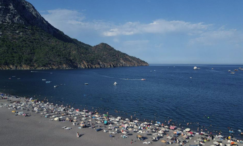 This aerial photo taken on Aug. 13, 2023 shows the view of a beach in Antalya, Türkiye. (Mustafa Kaya/Handout via Xinhua)