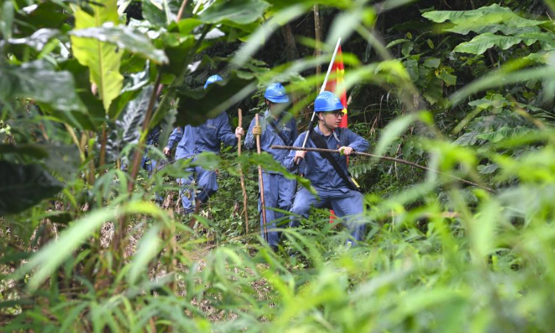 Maintenance personnel walk along a path during a patrol mission in Pingxiang, south China's Guangxi Zhuang Autonomous Region, Aug. 10, 2023. Wen Xianwen, Yao Zhengqiang, Deng Yiqiang and Li Yingxing are members of a team of maintenance personnel from the Guangxi branch of China Southern Power Grid's Pingxiang power supply station. Workers of the team, which was founded in 1974, have patrolled nearly 250,000-kilometer-long power transmission lines over the past 49 years. Led by Wen at present, the team has entered its fourth generation.
