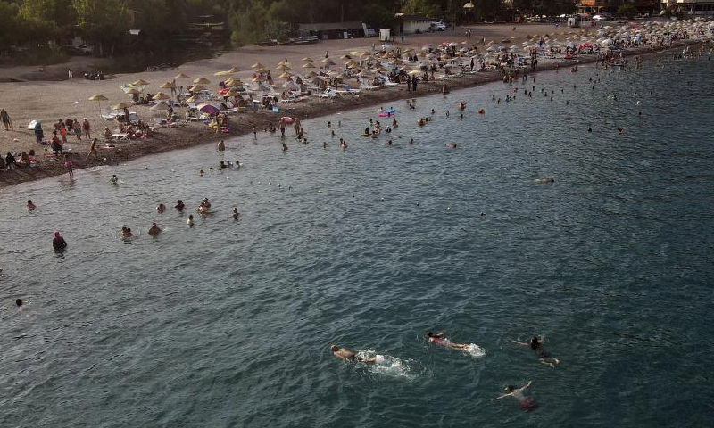 This aerial photo taken on Aug. 13, 2023 shows the view of a beach in Antalya, Türkiye. (Mustafa Kaya/Handout via Xinhua)