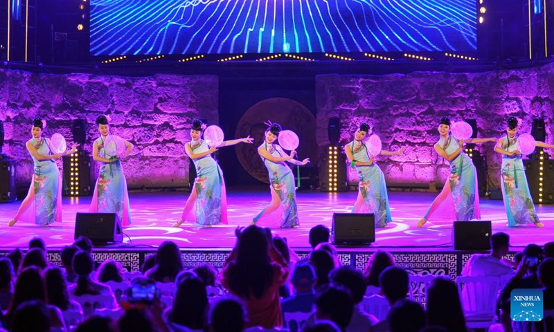 Dancers from China's Ningxia Art Troupe perform during the 57th Carthage International Festival at the site of Carthage in Tunis, Tunisia, Aug. 9, 2023. The 57th Carthage International Festival runs from July 14 to Aug. 19. (Photo: Xinhua)