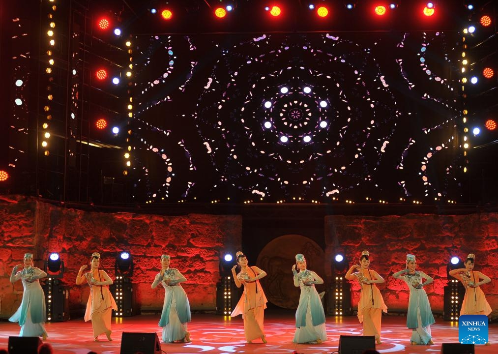 Dancers from China's Ningxia Art Troupe perform during the 57th Carthage International Festival at the site of Carthage in Tunis, Tunisia, Aug. 9, 2023. The 57th Carthage International Festival runs from July 14 to Aug. 19. (Photo: Xinhua)