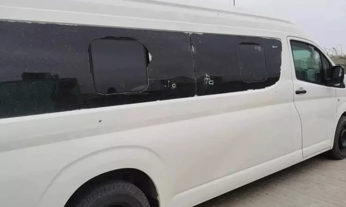 A picture obtained by the Global Times shows the bulletproof glass on the window of a van belonging to the Chinese convoy cracked from the attack, and there were bullet holes on the windows. 