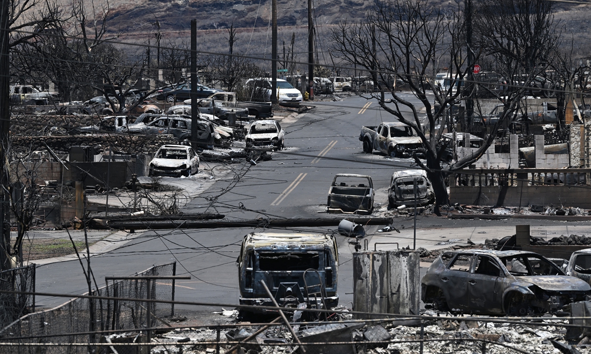 Fire damage is seen on August 12, 2023 in Lahaina, Hawaii of the US. The death toll continues to rise for the deadliest wildfires in the US in over a century, and as of press time, the number reached 93. Photo: VCG